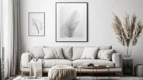 A 3D Mockup frame elegantly displays a photography piece in a modern ScandiBoho living room, 3D render sharpen photo
