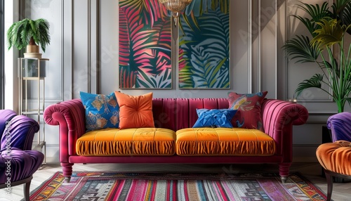A 3D Mockup frame in a classic boho sofa interior adds an artistic flair to the colorful and vibrant cushions, 3D render sharpen