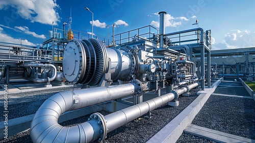 Gas Power Station: Gas turbines and pipelines supplying natural gas for electricity production.