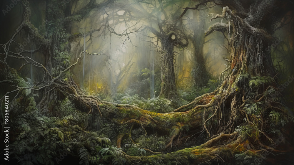 A dense fog enveloping a mystical forest, ancient trees towering ...