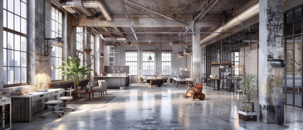 A modern office interior in a loft features high ceilings and industrial elements blended with modern decor, Interior 3d render Sharpen highdetail realistic concept