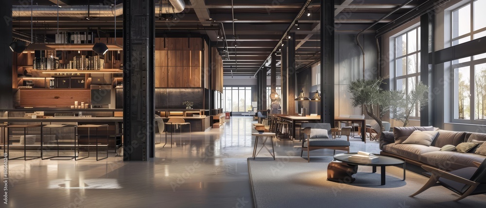 A modern office interior in a loft features high ceilings and industrial elements blended with modern decor, Interior 3d render Sharpen highdetail realistic concept