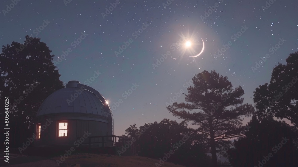 A view of the night sky with the observatorys lights shining brightly in the darkness. A view of the night sky with the observatorys lights shining brightly in the darkness.