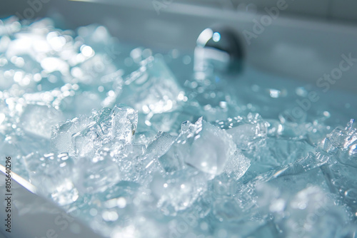 Close up of ice cubes in a cold ice bath plunge pool photo