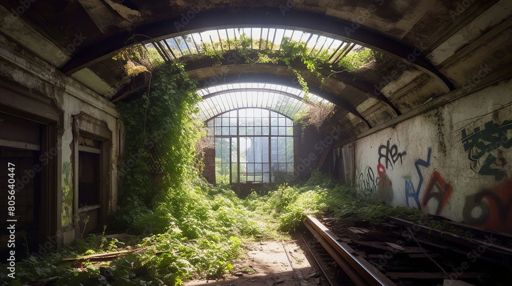 An abandoned subway station overrun by nature, vines crawling over rusted tracks and cracked tiles, beams of sunlight filtering through the ceiling, conveying a sense of eerie tranquility, Photography