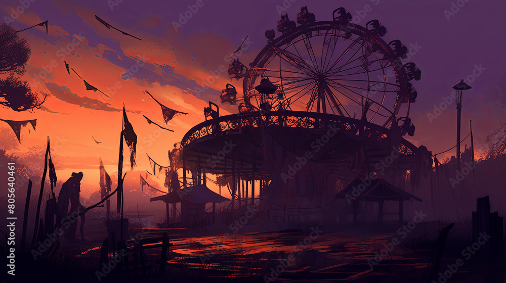 An eerie abandoned amusement park at dusk, with rusted rides silhouetted against a purple-orange sky, a lone carousel turning slowly in the wind, evoking feelings of nostalgia and unease, Illustration An eerie abandoned amusement park at dusk, with rusted rides silhouetted against a purple-orange sky, a lone carousel turning slowly in the wind, evoking feelings of nostalgia and unease, Illustration