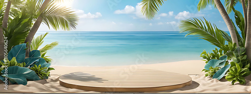  Beach podium summer background sand product 3D sea display platform. Beach podium summer banner stand scene sale sky holiday vacation stage water island sun travel pedestal promotion presentation ad.