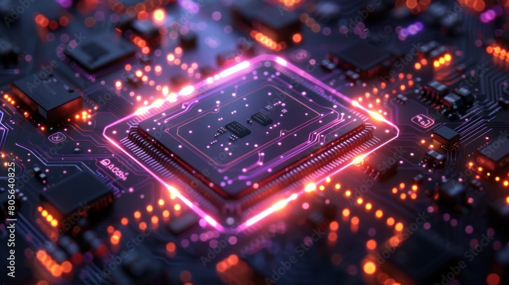 A dark purple and blue circuit board with glowing elements A dark purple and blue circuit board with glowing elements