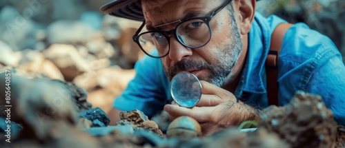 About realistic portrait of an archaeologist uncovering ancient artifacts photo