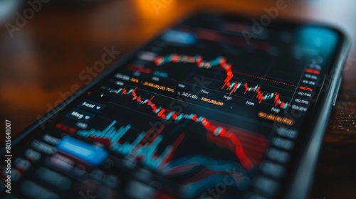 Modern Trading Platform: Close-up of a mobile screen showing stock charts and trading options for investors.