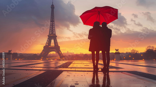 silhouette of in love couple under a red umbrella in Paris, romantic date