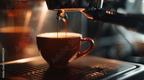 A cup of coffee being poured into a coffee machine