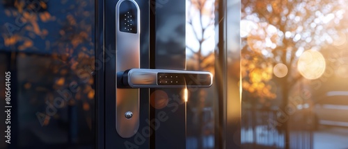Door locks that recognize family members and automatically adjust security settings based on who is home, Sharpen close up strange style hitech ultrafashionable concept photo