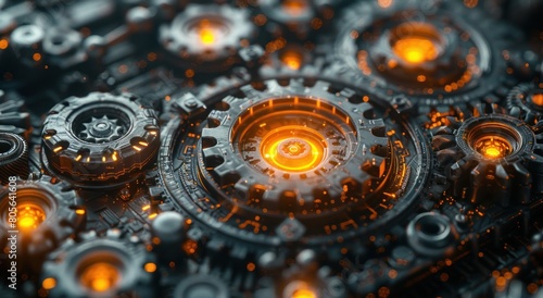 A central cogs and gears structure glowing with orange light