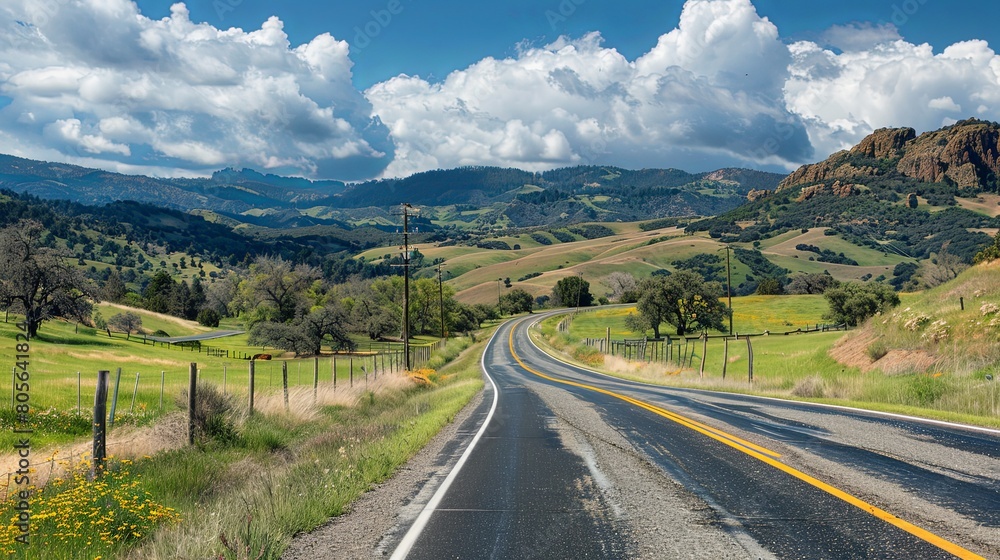 Road Trip Adventure: Scenic highway winding through picturesque countryside landscapes.