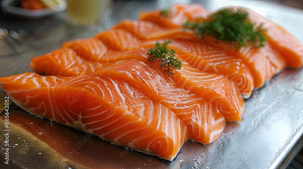 Salmon Sensation: Thin, tender slices of salmon arranged with precision. Salmon Sensation: Thin, tender slices of salmon arranged with precision.