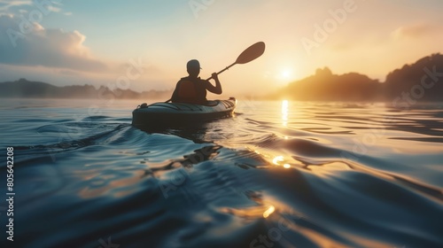 Silhouette of a kayaker navigating through serene waters at dawn
