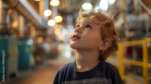A young child looks up in awe at the towering machinery used to study particles their curiosity sparked by a tour of the facility.