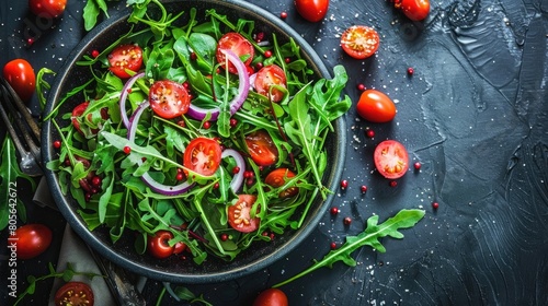 Fresh salad with arugula and cherry tomatoes on kitchen table. Healthy eating and cooking concept