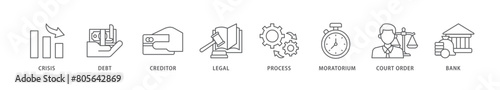 Bankruptcy icon packs for your design digital and printing of bank ,court order, legal, moratorium, process, creditor, debt, crisis icon live stroke and easy to edit 