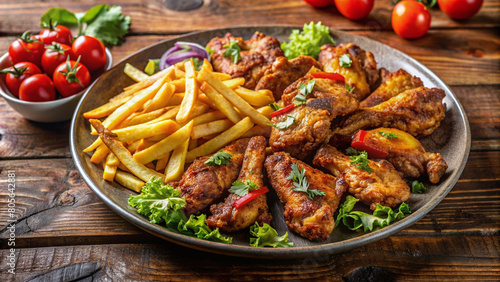 Crispy chicken wings with fries, salad and dip sauce on a wooden table