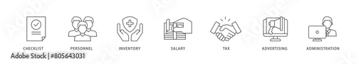 Cost reduction icon packs for your design digital and printing of checklist, personnel, inventory, salary, tax, advertising and administration icon live stroke and easy to edit 