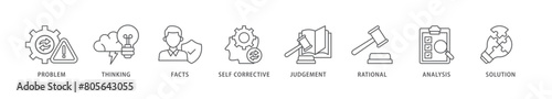 Critical thinking icon packs for your design digital and printing of solution, analysis, self corrective, rational, judgement, facts, thinking, problem icon live stroke and easy to edit 