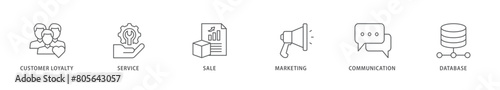 CRM icon packs for your design digital and printing of customer loyalty, service, sale, marketing, communication, and database icon live stroke and easy to edit 