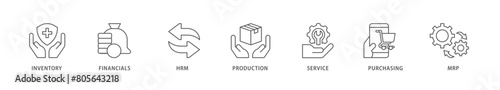 ERP icon packs for your design digital and printing of inventory, financials, hrm, production, service, purchasing, and mrp icon live stroke and easy to edit 