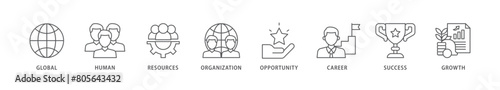 Management icon packs for your design digital and printing of global, human resources, organization, opportunity, career, success and growth icon live stroke and easy to edit 