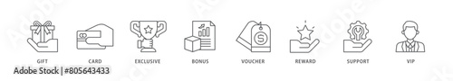 Loyalty program icon packs for your design digital and printing of vip, support, bonus, reward, voucher, exclusive, card, gift icon live stroke and easy to edit 