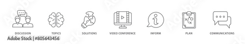 Meeting icon packs for your design digital and printing of communications, topics, solutions, plan, inform and video conference  icon live stroke and easy to edit 