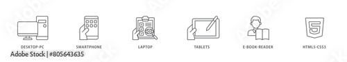 Responsive web design icon packs for your design digital and printing of tablets, html5 css3, e book reader, laptop, smart phone, desktop pc icon live stroke and easy to edit 