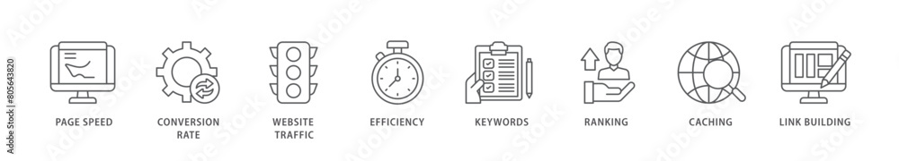 Website optimization icon packs for your design digital and printing of page speed, conversion rate, website traffic, efficiency, keywords, ranking, caching  icon live stroke and easy to edit 