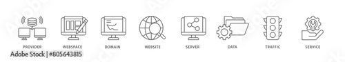 Web hosting icon packs for your design digital and printing of provider, webspace, domain, website, server, data, traffic and service icon live stroke and easy to edit 