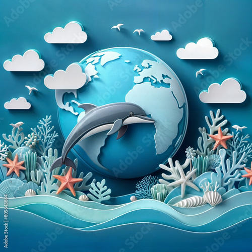 3d world ocean's day paper art with dolphin and cora , blue background banner design with realistic decoration with space for copy created with generative ai photo