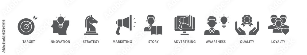 Branding icon packs for your design digital and printing of target, innovation, strategy, marketing, story, advertising, awareness, quality and loyalty icon live stroke and easy to edit Branding icon packs for your design digital and printing of target, innovation, strategy, marketing, story, advertising, awareness, quality and loyalty icon live stroke and easy to edit