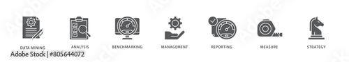 Business intelligence icon packs for your design digital and printing of data mining, analysis, benchmarking, management, reporting, measure, and strategy icon live stroke and easy to edit 