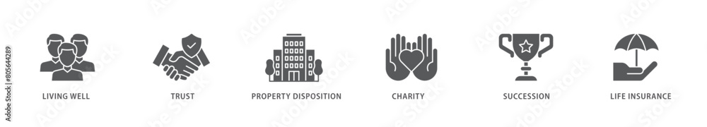 Estate planning icon packs for your design digital and printing of living well, trust, property disposition, charity, succession, life insurance icon live stroke and easy to edit Estate planning icon packs for your design digital and printing of living well, trust, property disposition, charity, succession, life insurance icon live stroke and easy to edit
