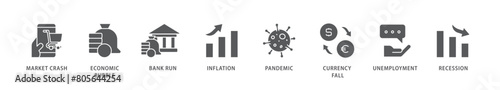 Economic crisis icon packs for your design digital and printing of recession, unemployment, inflation, currency fall, pandemic, bank run icon live stroke and easy to edit 