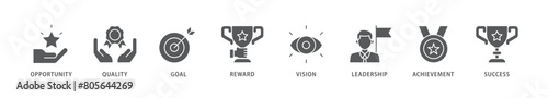 Encourage icon packs for your design digital and printing of opportunity, quality, goal, reward, vision, leadership, achievement, success icon live stroke and easy to edit 