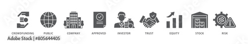 Ipo icon packs for your design digital and printing of crowdfunding, public company, approved, investor, trust, equity, stock and risk icon live stroke and easy to edit 