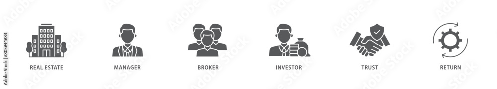 REIT icon packs for your design digital and printing of real estate, manager, broker, investor, trust and return icon live stroke and easy to edit 