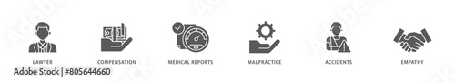 Personal injury law icon packs for your design digital and printing of malpractice, empathy, accidents, medical reports, compensation, lawyer icon live stroke and easy to edit 