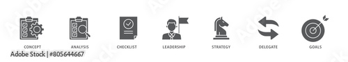 Planning icon packs for your design digital and printing of concept, analysis, checklist, leadership, strategy, delegate and goals icon live stroke and easy to edit 