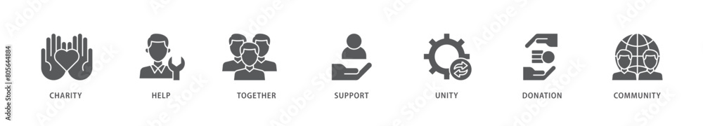 Volunteering icon packs for your design digital and printing of charity, help, together, support, unity, donation, and community icon live stroke and easy to edit 