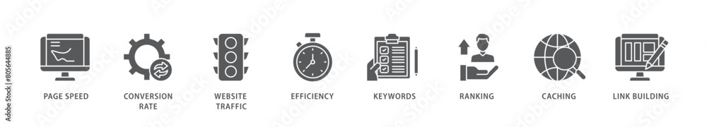 Website optimization icon packs for your design digital and printing of page speed, conversion rate, website traffic, efficiency, keywords, ranking, caching icon live stroke and easy to edit Website optimization icon packs for your design digital and printing of page speed, conversion rate, website traffic, efficiency, keywords, ranking, caching icon live stroke and easy to edit