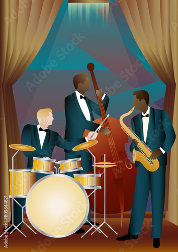 Jazz musicians on a universal background. Double bass, saxophone, drum. Musicians play musical instruments