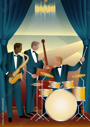 Jazz musicians on a universal background. Double bass, saxophone, drum. Musicians play musical instruments