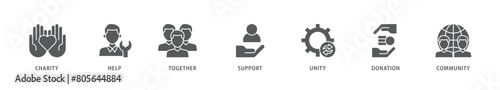 Volunteering icon packs for your design digital and printing of charity, help, together, support, unity, donation, and community icon live stroke and easy to edit 